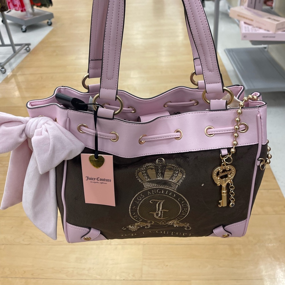 Juicy Couture Pink & Brown Shoulder Bag with Bow Charm Y2K Style NWT